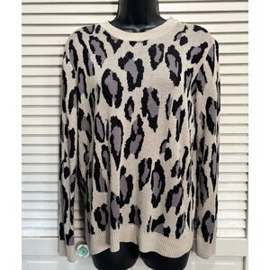 Work Shop Tan/Black‎ Cheetah Knit Sweater Crew Neck Long Sleeve Size Medium